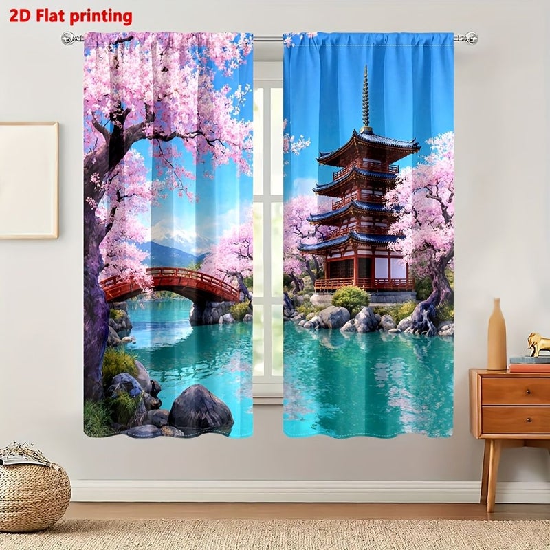 2 Piece Polychrome Cherry Blossom Japanese Pagoda Landscape Curtains 30x65 Inch Traditional Scenic Design Rod Pocket Panel Soft Light Filtering Privacy Protection for Living Room Bedroom Kitchen - Image 5
