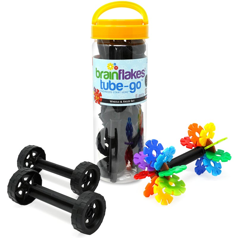 Brain Flakes 16 Wheels and 8 Axles Tube-Go Set Add-On Travel Kit - Build Cars, Trucks, Anything That Spins - Compatible Brand Discs - A Great STEM Toy - Image 1