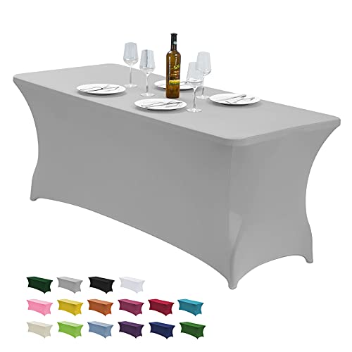 CWK 6FT Stretch Spandex Table Cover for Rectangular Fitted Folding Tables Wrinkle Resistant Elastic Stretchable Patio Tablecloth Protector for Party Banquet Wedding and Events Silver