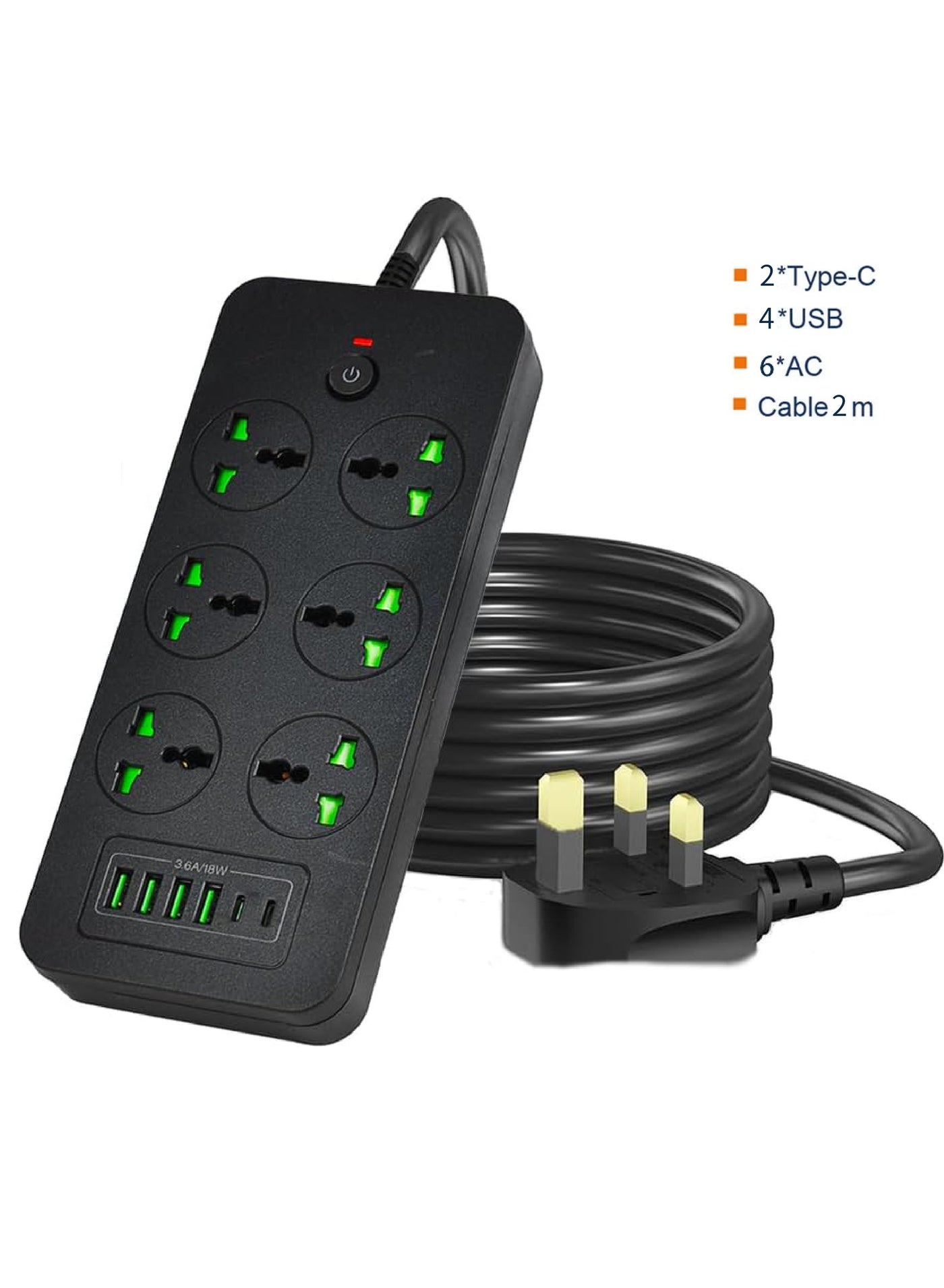 Surge Protector Power Strip- Flat Plug Extension Cord With 6 Outlets And 4 USB Ports And 2 Type-C Ports,2M Power Cord(3000W/16A/110V-265V),PC Flame Retardant Material,Pure Copper Core