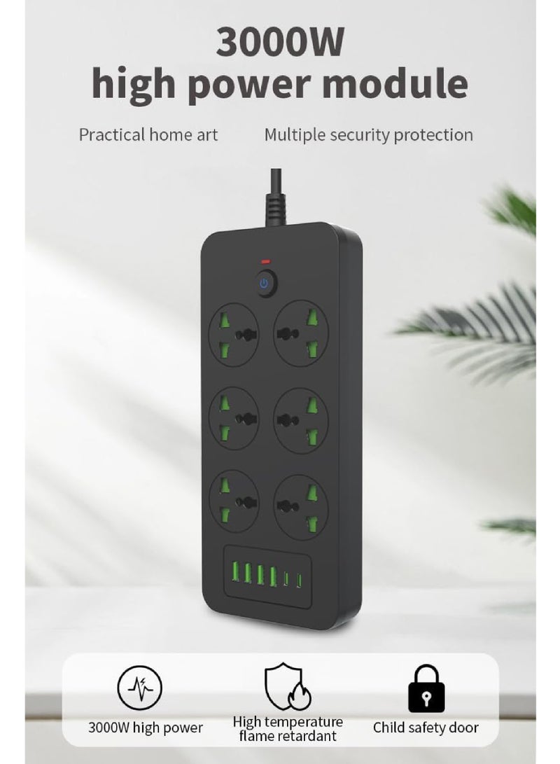 Rock Pow Surge Protector Power Strip- Flat Plug Extension Cord With 6 Outlets And 4 USB Ports And 2 Type-C Ports,2M Power Cord(3000W/16A/110V-265V),PC Flame Retardant Material,Pure Copper Core - Image 2