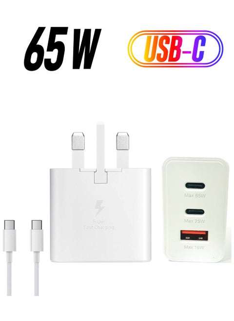Samsung Original 65 Watts Charger Trio 3 USB Port Adapter With Type C To Type C Cable Charging Samsung, Redmi Phones