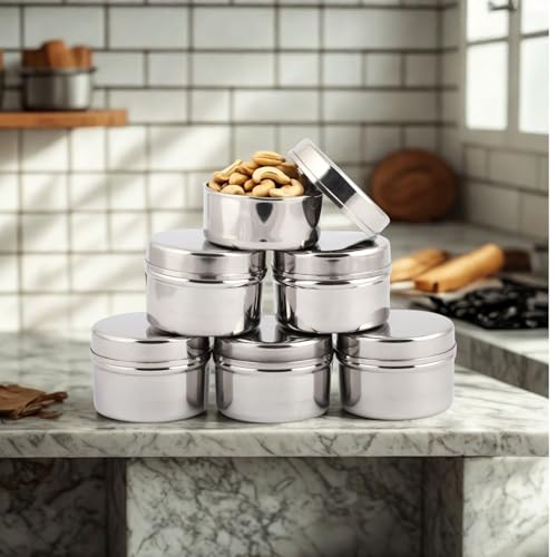 coconut Stainless Steel Multipurpose Storage Dabba Set for Spices, Dry Fruits | Round Containers for Kitchen | Small Masala Box | Set of 6 - Image 2