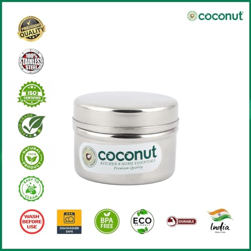coconut Stainless Steel Multipurpose Storage Dabba Set for Spices, Dry Fruits | Round Containers for Kitchen | Small Masala Box | Set of 6 - Image 3