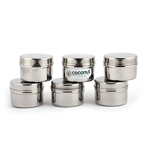 coconut Stainless Steel Multipurpose Storage Dabba Set for Spices, Dry Fruits | Round Containers for Kitchen | Small Masala Box | Set of 6 - Image 1