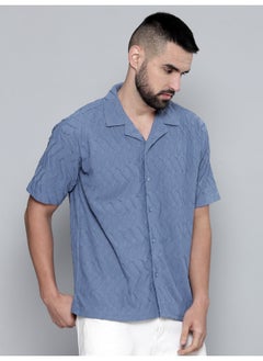 Maniac Mens Creased Solid Collared Neck 3/4th Sleeve Denim Blue Cotton Shirt  - Image 3