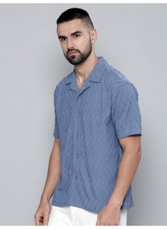 Maniac Mens Creased Solid Collared Neck 3/4th Sleeve Denim Blue Cotton Shirt  - Image 4