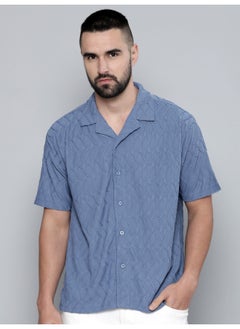 Maniac Mens Creased Solid Collared Neck 3/4th Sleeve Denim Blue Cotton Shirt  - Image 2