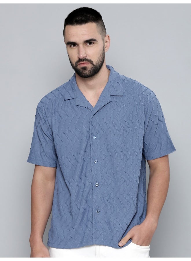 Maniac Mens Creased Solid Collared Neck 3/4th Sleeve Denim Blue Cotton Shirt  - Image 2