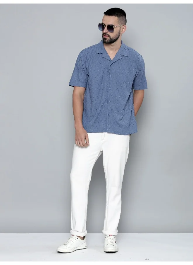 Maniac Mens Creased Solid Collared Neck 3/4th Sleeve Denim Blue Cotton Shirt
