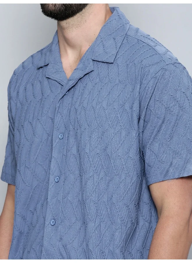 Maniac Mens Creased Solid Collared Neck 3/4th Sleeve Denim Blue Cotton Shirt
