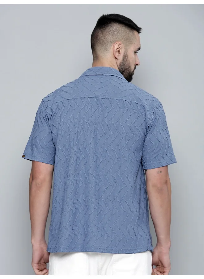 Maniac Mens Creased Solid Collared Neck 3/4th Sleeve Denim Blue Cotton Shirt