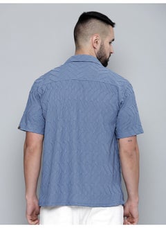 Maniac Mens Creased Solid Collared Neck 3/4th Sleeve Denim Blue Cotton Shirt  - Image 5