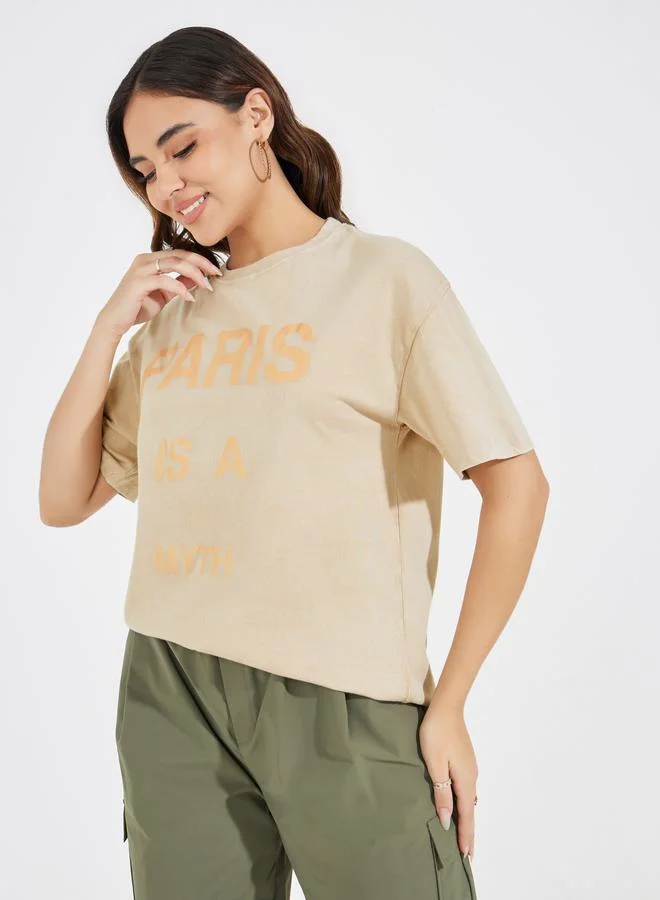 Styli Faded Wash Slogan Print Oversized T-Shirt