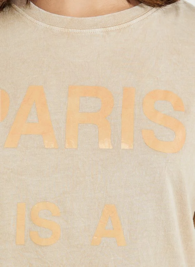 Styli Faded Wash Slogan Print Oversized T-Shirt