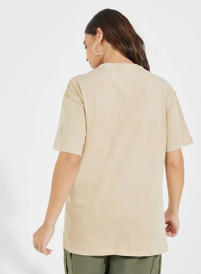 Styli Faded Wash Slogan Print Oversized T-Shirt