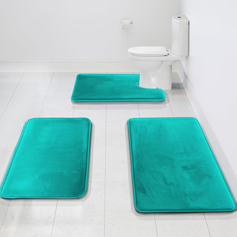 Clara Clark 3 Piece Bathroom Rugs Bath Mat Set Velvet Memory Foam Bath Mats for Bathroom NonSlip PVC Backing Bath Rugs Washable Dries Quickly Teal