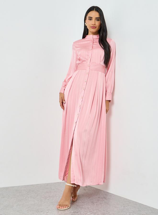 ستايلي فستان طويل وردي بنمط قميص وأكمام طويلة - Image 3