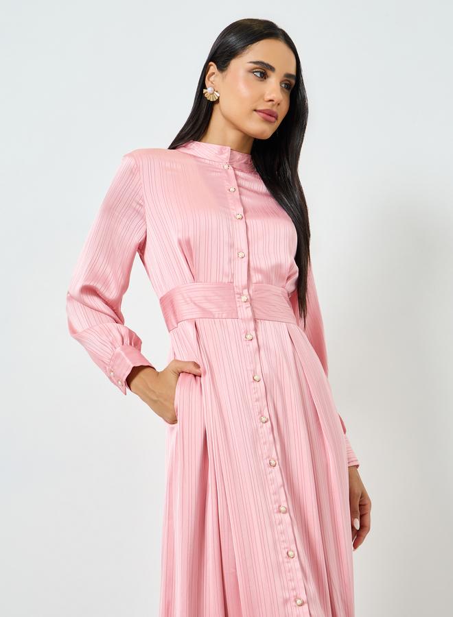 ستايلي فستان طويل وردي بنمط قميص وأكمام طويلة - Image 2