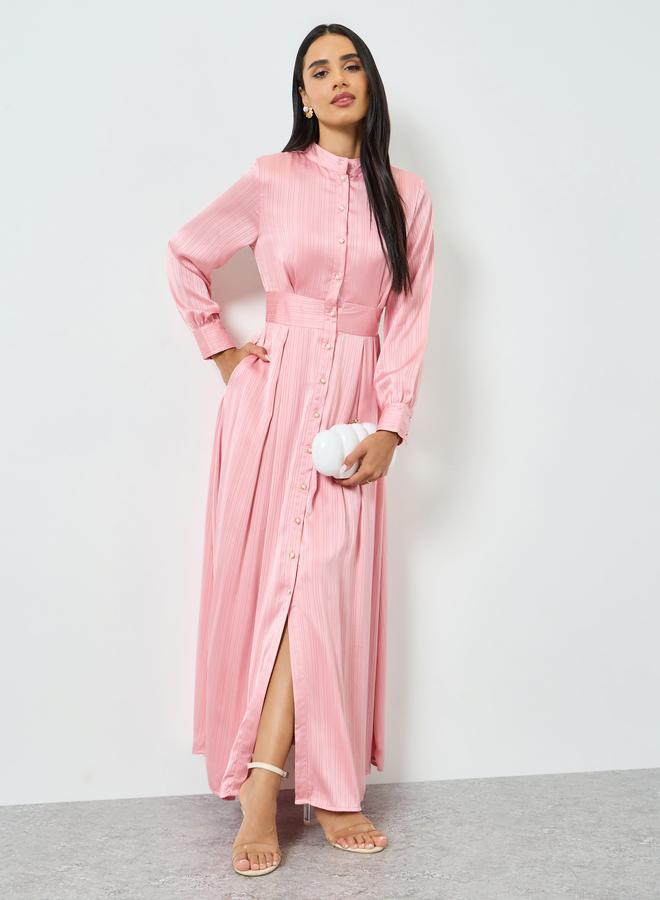 ستايلي فستان طويل وردي بنمط قميص وأكمام طويلة - Image 1