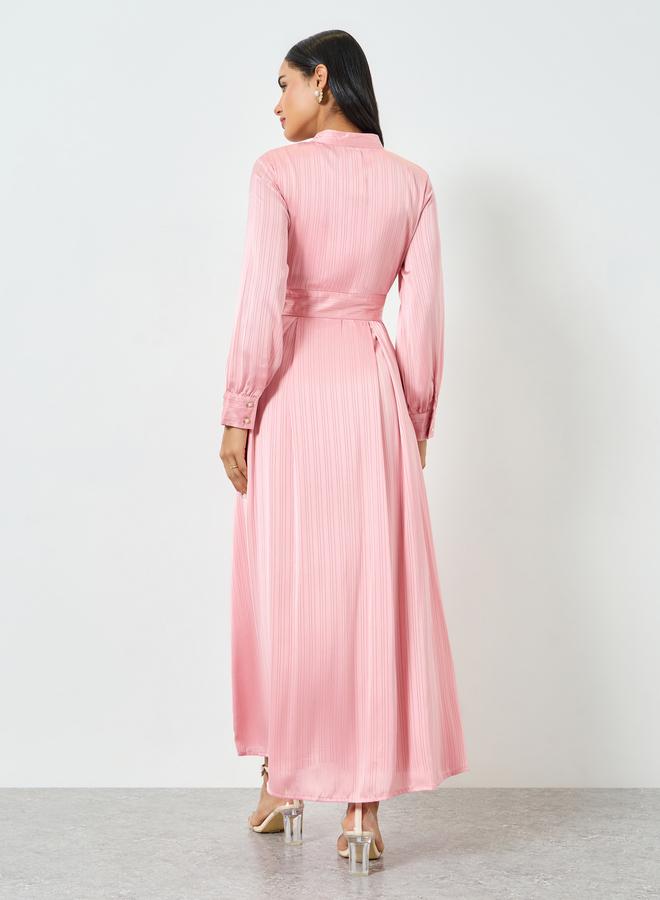 ستايلي فستان طويل وردي بنمط قميص وأكمام طويلة - Image 5