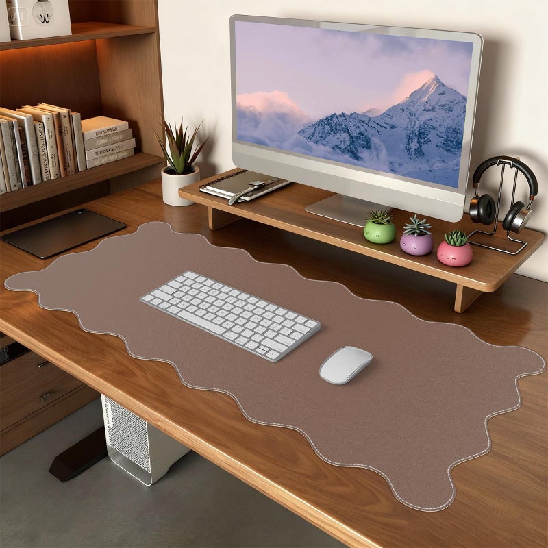 iCasso Leather Desk Pad,Extra Large Mouse Pad for Laptop,Waterproof PU Nail Table Mat,Cute Scalloped Keyboard Mats for Women Girl,Non-Slip Desk Cover Mat for Office Home School - Image 1