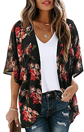 CHICGAL Women's Floral Print Puff Sleeve Kimono Cardigan Loose Cover Up Casual Blouse Tops(Black M) - Image 5