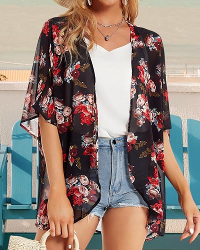 CHICGAL Women's Floral Print Puff Sleeve Kimono Cardigan Loose Cover Up Casual Blouse Tops(Black M) - Image 3