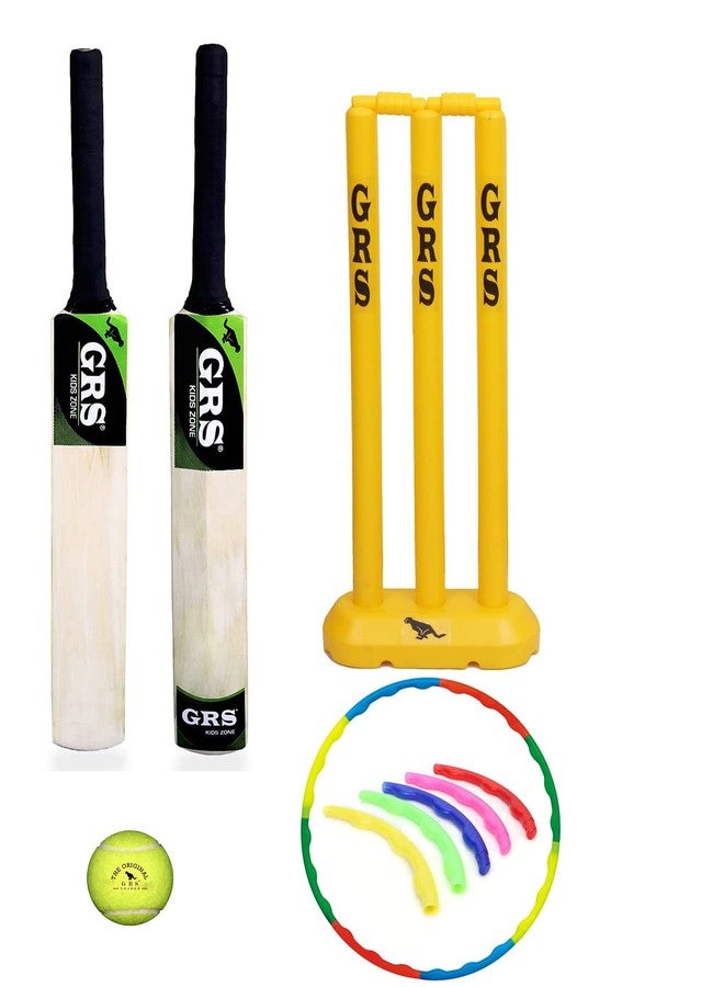 Grès GRS Kids Zone Popular Willow Cricket Bat with Wicket Set + 1 HulaHope & 1 Tennis Ball for Kids (Size 3, Age 6-10 Year Old Kids), Wood - Image 1