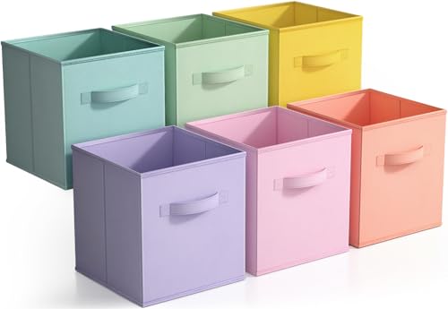 Sorbus 11 Inch Fabric Storage Cubes Sturdy Collapsible Bins With Handle 6 Foldable Baskets for Organizing Clothes Toys Books Multi Colored Storage Baskets for Shelves Kids Room Closets - Image 1
