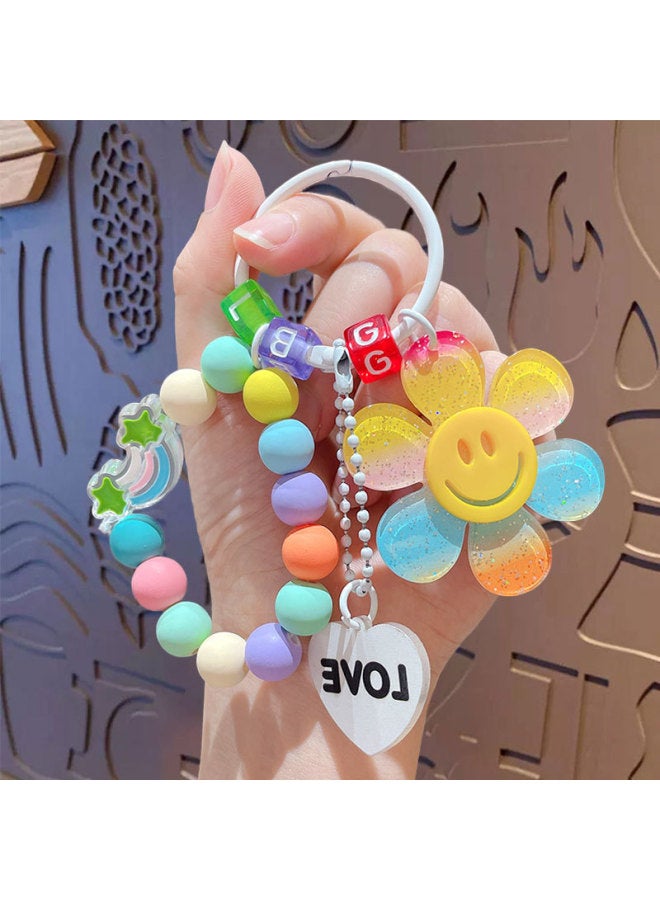 Cartoon Sunflower Beaded Bracelet Creative Rainbow Car Keychain Female Couple Bag Car Pendant Small Gift