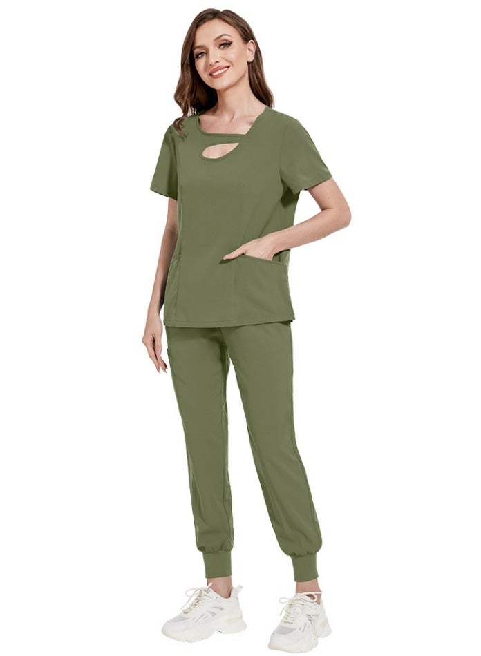 Loquat Womens Fashion Medical Uniform Scrubs 2 Piece Set Top and Jogger Pants Suit Olive Green - Image 1