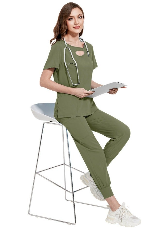 Loquat Womens Fashion Medical Uniform Scrubs 2 Piece Set Top and Jogger Pants Suit Olive Green - Image 2