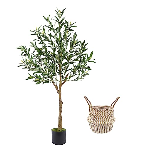 Warmplants Artificial Olive Tree 4ft Tall Fake Olive Leaves Plant with Basket Indoor Outdoor Faux Olive Topiary Silk Tree for Home Livingroom Office Dcor