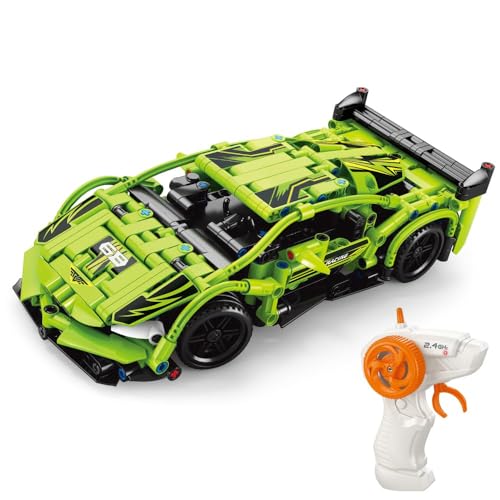 HITRUZ RC Remote Control Engineering Model Car Creative Assembly Toy Kit 2.4GHz Rechargeable Sports Car Toy with Openable Doors & High Speed Racing DIY Model Kit for Kids (Block Rc Car Green) - Image 1
