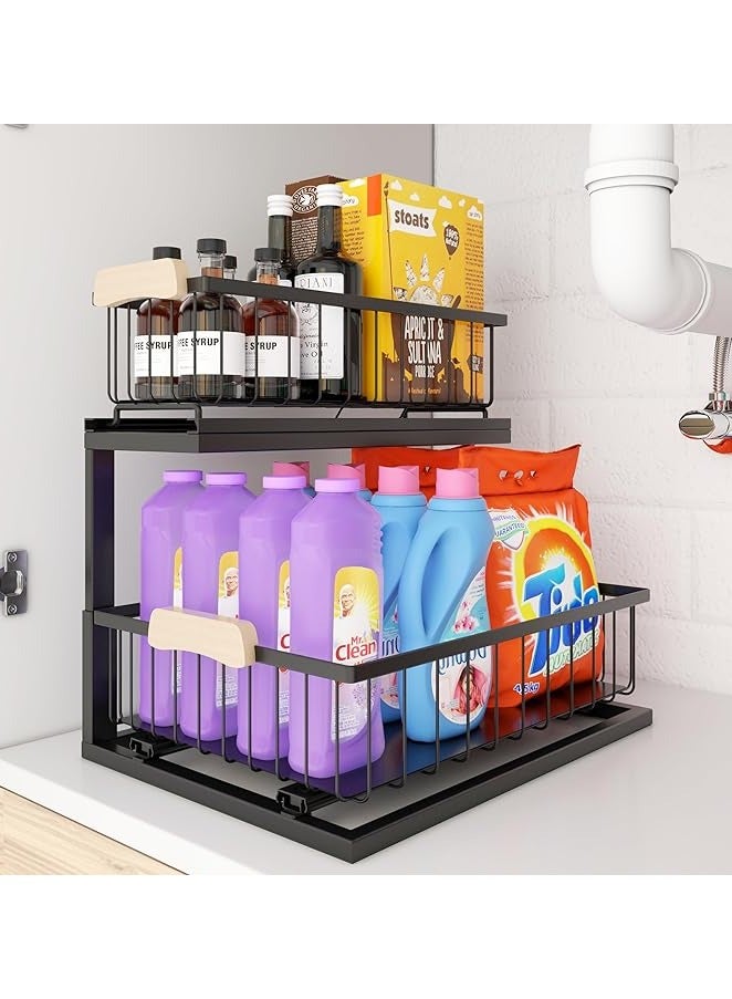 عام منظم خزانة تحت الحوض ذو طبقتين ، منظم سلة متعدد الاستخدامات بتصميم L شكل للحمام والمطبخ - منظم خزانة سحب معدني أسود - Image 1