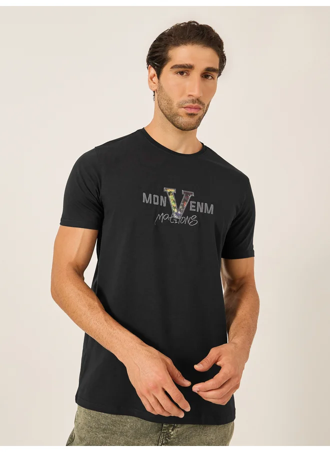فورت كولينز Fort Collins Men Black Graphic Printed Short Sleeve T-Shirt