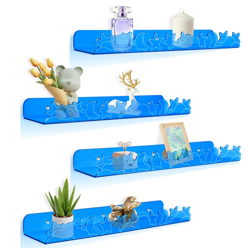alldomess Floating Shelves for Wall,4 Pack 15.7â€™â€™x 3.5â€™â€™Adhesive Acrylic Shelves Organizer for Book Toy Photo Makeup,Wall-Mounted Kids Storage for Bathroom,Bedroom,Nursery,Blue Star and Moon - Image 1