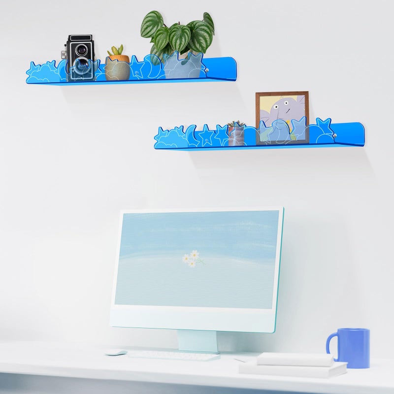alldomess Floating Shelves for Wall,4 Pack 15.7â€™â€™x 3.5â€™â€™Adhesive Acrylic Shelves Organizer for Book Toy Photo Makeup,Wall-Mounted Kids Storage for Bathroom,Bedroom,Nursery,Blue Star and Moon - Image 4
