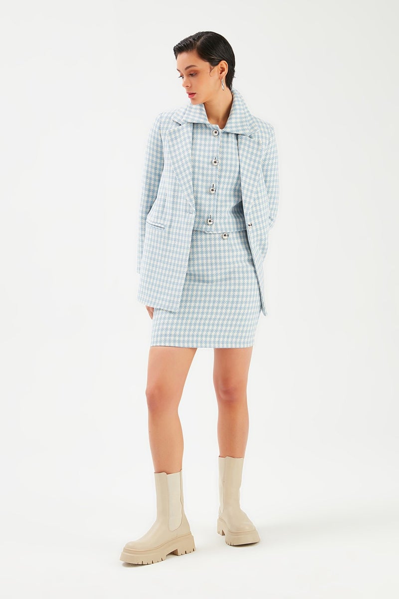 SATEEN Houndstooth Patterned Mini Skirt - Blue  - Image 1