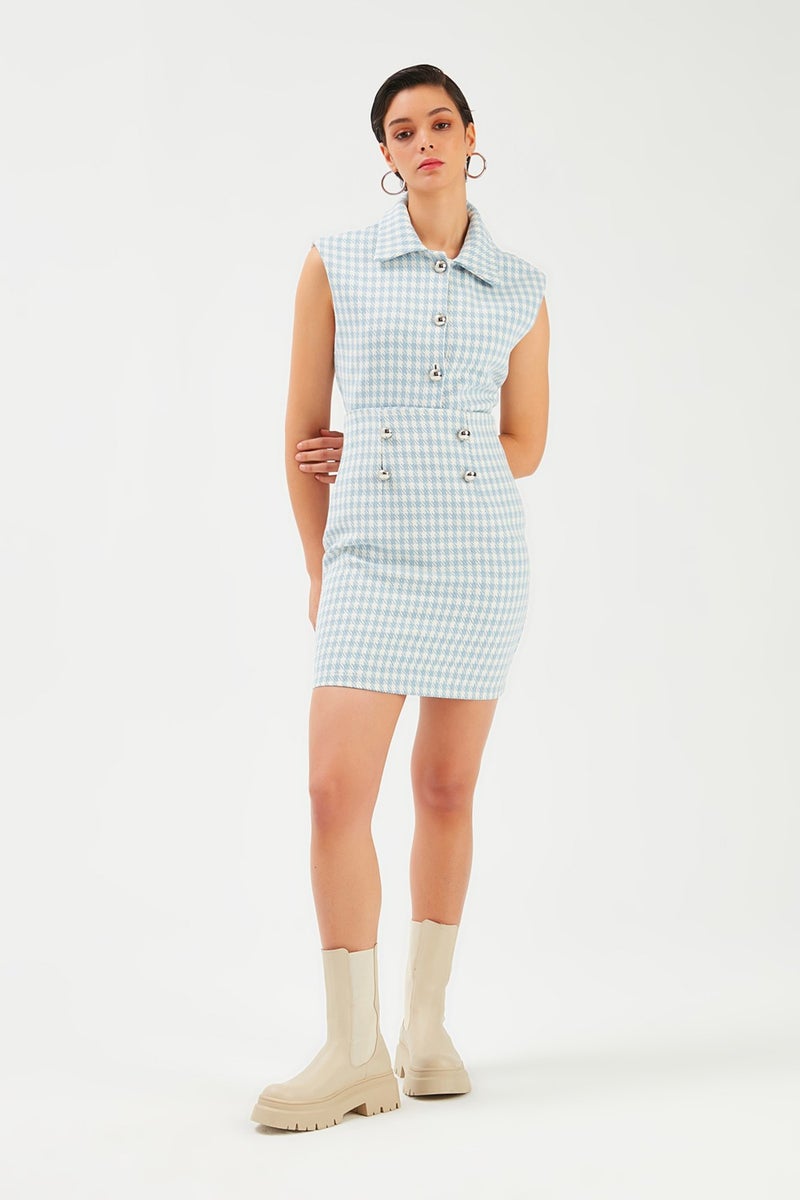 SATEEN Houndstooth Patterned Mini Skirt - Blue  - Image 3