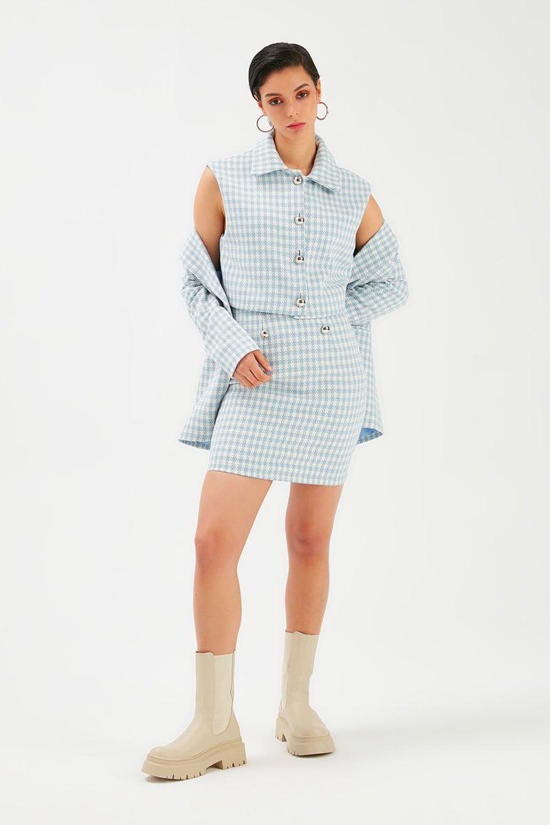 SATEEN Houndstooth Patterned Mini Skirt - Blue  - Image 2