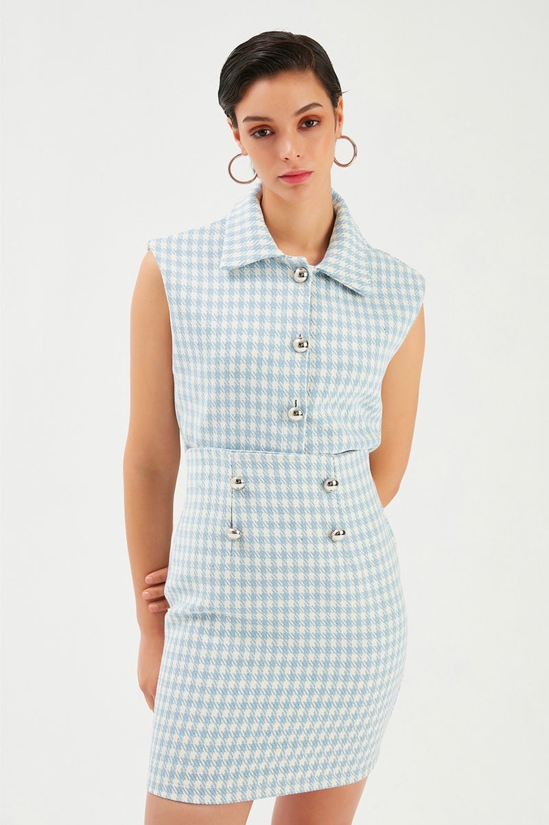 SATEEN Houndstooth Patterned Mini Skirt - Blue  - Image 5