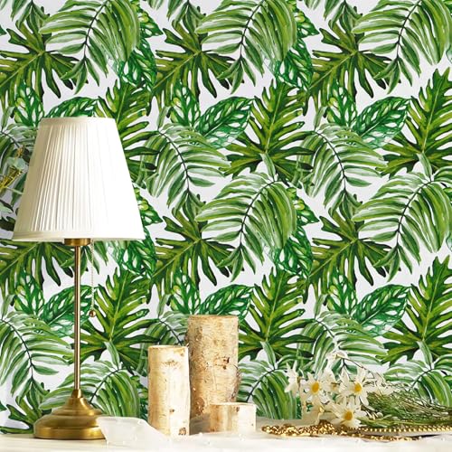 lenify Tropical Peel and Stick Wallpaper Jungle Contact Paper 17.7inch x 393.7inch Palm Leaf Contact Paper Peel and Stick Green Palm Wallpaper Tropical Leaf Removable Decorative Vinyl - Image 1