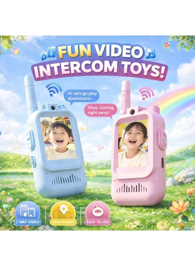جهاز مكالمات فيديو للأطفال (عبوتان) – مكالمات فيديو مباشرة وجهًا لوجه في الوقت الحقيقي مع شاشة LCD وكاميرا، قابل لإعادة الشحن عبر USB-C، لا يحتاج إلى واي فاي أو شريحة SIM، لعبة جهاز اتصال لاسلكي ثنائي الاتجاه بمدى طويل للأولاد والبنات من عمر 3 إلى 12 سنة (أزرق ووردي) - Image 1