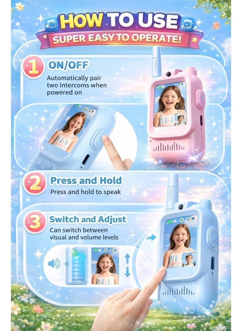 جهاز مكالمات فيديو للأطفال (عبوتان) – مكالمات فيديو مباشرة وجهًا لوجه في الوقت الحقيقي مع شاشة LCD وكاميرا، قابل لإعادة الشحن عبر USB-C، لا يحتاج إلى واي فاي أو شريحة SIM، لعبة جهاز اتصال لاسلكي ثنائي الاتجاه بمدى طويل للأولاد والبنات من عمر 3 إلى 12 سنة (أزرق ووردي) - Image 5