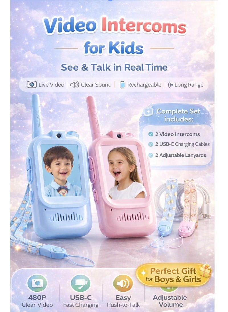 جهاز مكالمات فيديو للأطفال (عبوتان) – مكالمات فيديو مباشرة وجهًا لوجه في الوقت الحقيقي مع شاشة LCD وكاميرا، قابل لإعادة الشحن عبر USB-C، لا يحتاج إلى واي فاي أو شريحة SIM، لعبة جهاز اتصال لاسلكي ثنائي الاتجاه بمدى طويل للأولاد والبنات من عمر 3 إلى 12 سنة (أزرق ووردي) - Image 2