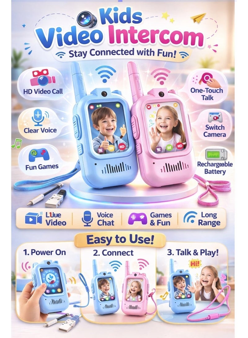 جهاز مكالمات فيديو للأطفال (عبوتان) – مكالمات فيديو مباشرة وجهًا لوجه في الوقت الحقيقي مع شاشة LCD وكاميرا، قابل لإعادة الشحن عبر USB-C، لا يحتاج إلى واي فاي أو شريحة SIM، لعبة جهاز اتصال لاسلكي ثنائي الاتجاه بمدى طويل للأولاد والبنات من عمر 3 إلى 12 سنة (أزرق ووردي) - Image 4