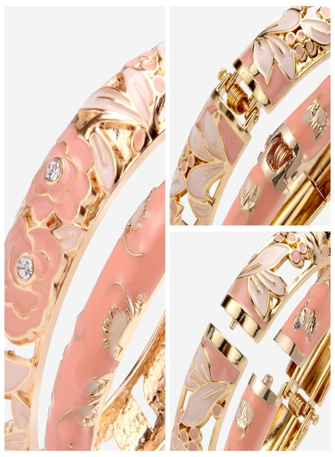 UJOY Vintage Jewelry Cloisonne Handcrafted Enameled Gorgeous Rhinestone Rose Hinged Cuff Bracelet Bangles Gifts 88A10-3PCS Pink - Image 4
