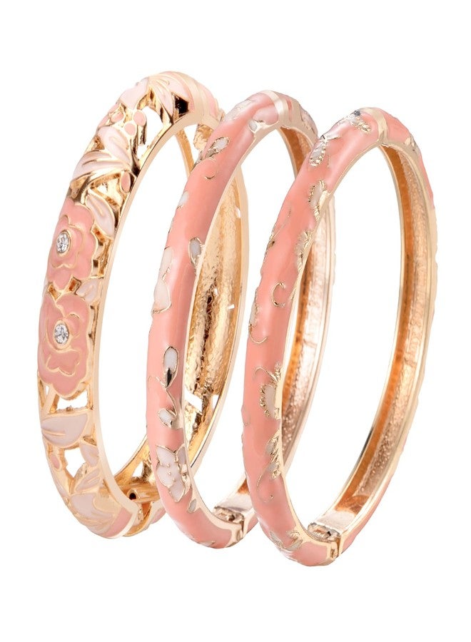 UJOY Vintage Jewelry Cloisonne Handcrafted Enameled Gorgeous Rhinestone Rose Hinged Cuff Bracelet Bangles Gifts 88A10-3PCS Pink - Image 1